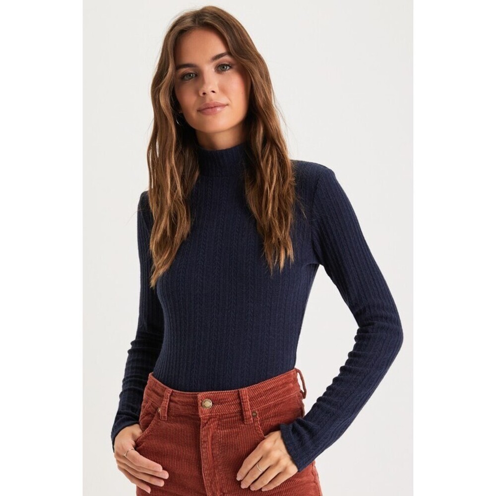 Lulus Darling Inclination Navy Blue Pointelle Long Sleeve Bodysuit - Size M